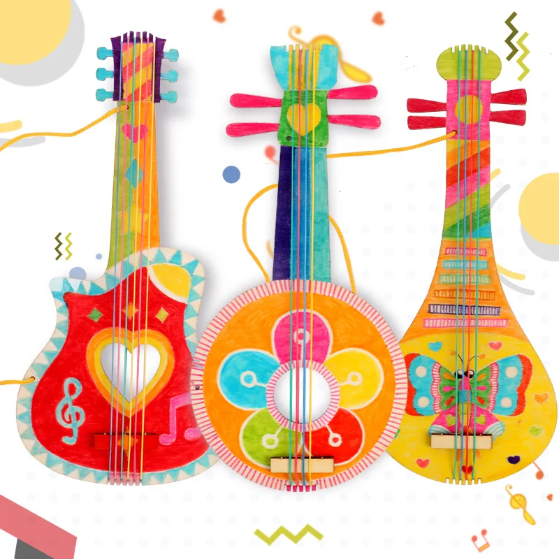 Guitarra de juguete hecha a mano de madera para niños, dibujo, pintura, relleno de graffti, colorear, arte creativo y artesanía, juguete Musical para niños