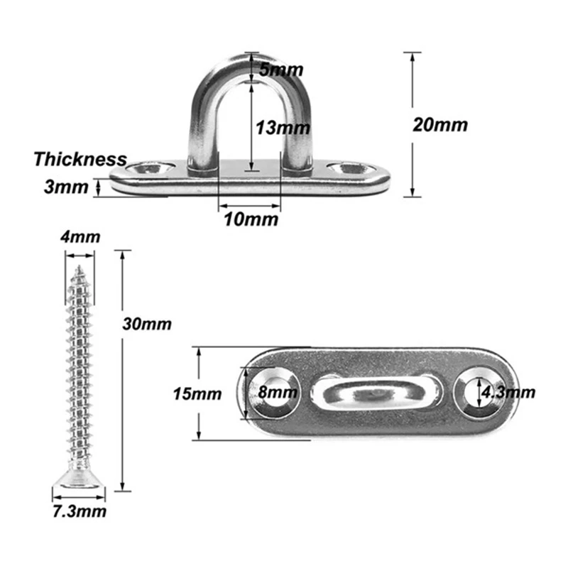 10 Pcs Stainless Steel Pad Eye Plate U Hook,10 Pcs Stainless Steel Snap Hook,Marine Hardware Staple Hook Loop with Screw