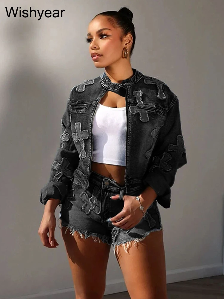 Fashion Embroidery Tassel Jeans Two Piece Pants Set Women Long Sleeve Jackets Tops and Bodycon Shorts Stretch Denim Street Suits