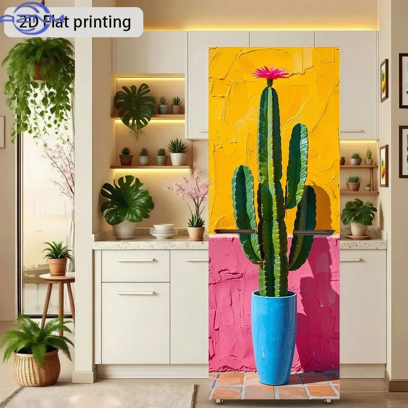 2D Flat Printing 1pc Refrigerator Sticker 60×180cm Colorful Wall Cactus Themed Design, Self-Adhesive Wall Decal Wallpaper, Sui