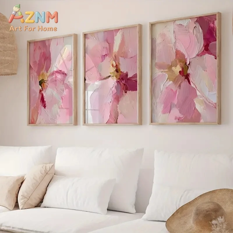 3-teiliges Set Rosa Blumen-Poster Druckbild Abstrakte Bohemian Geometrische Wandkunst Ölgemälde Wohnzimmer Heimdekoration