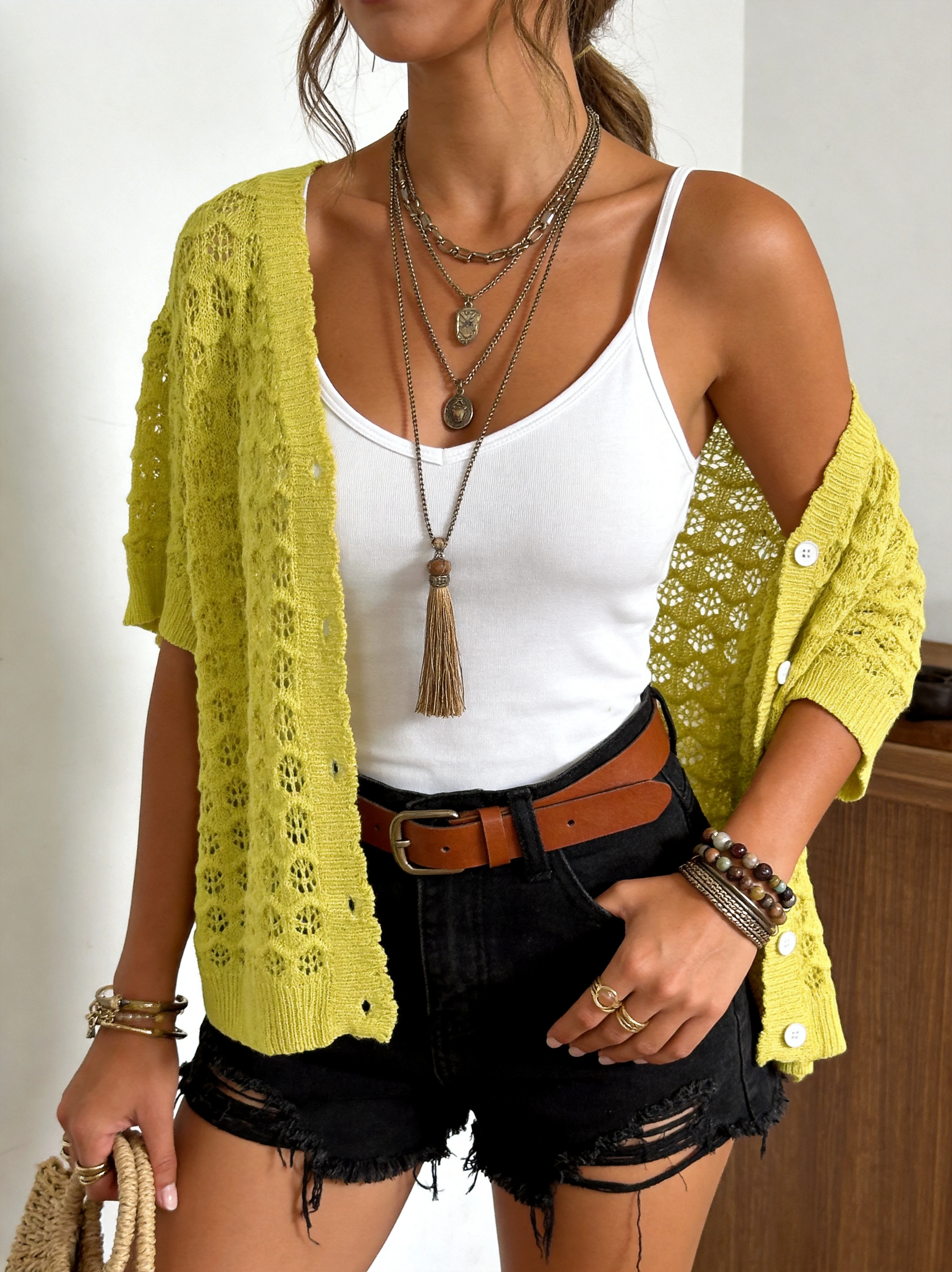 

Plus Size Women's Holiday V-Neck Hollow Out Knit Cardigan with Short Sleeves, Ideal for Summer Outings.