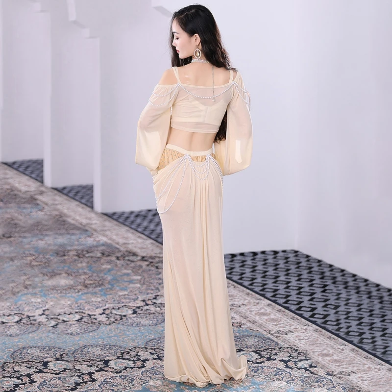 Vrouwen Sexy Tweedelige Buikdans Kostuum Set Elegante Uitgesneden Lange Mouwen Hol Hemdje Met Hoogbouw Slanke lange Rokken