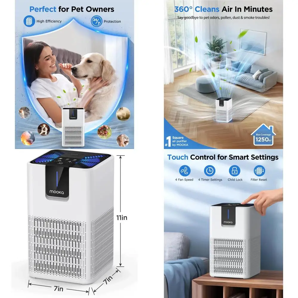 

Очиститель воздуха H13 HEPA для больших помещений (1250 кв. футов) с функцией удаления шерсти животных и пыли, ароматерапией и ультратихим режимом для сна