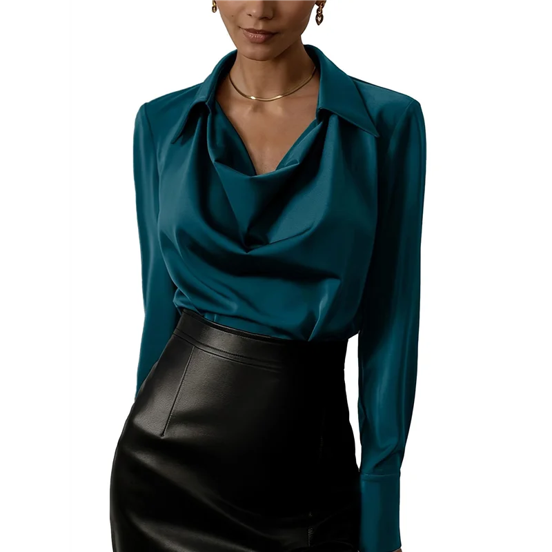 

FX-Women's Elegant Satin Silk Blouse Cowl Neck Ruched Front Draped Long Sleeve Work Office Shirt Top