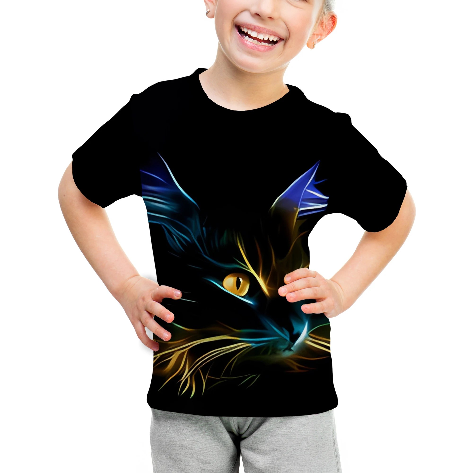 

Glowing Cat T-Shirt for 2+ Boys & Girls, Neon Animal Print, Soft Breathable Fabric, All Season, Perfect Birthday Present