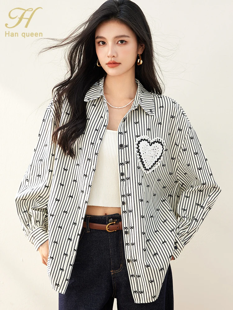 H Han Queen 2024 Autumn Korean Women Bow Embroidery Vintage Tops Chiffon Blouse Long Sleeve Casual Office Shirts Elegant Blouses