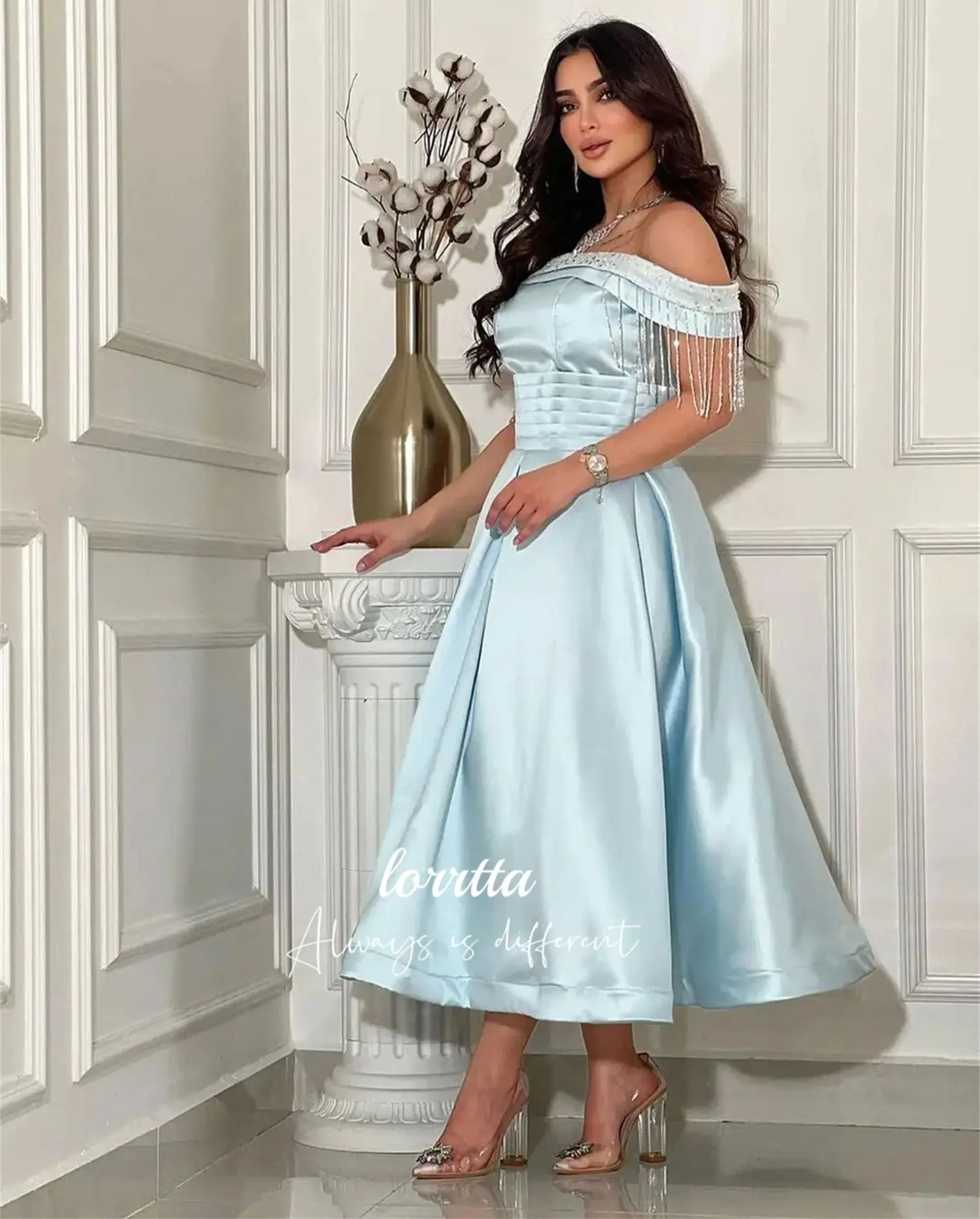 Lorrtta Satin Eid Dress Sky Blue Glitter Decoration Line A Graduation Gown Luxurious Women\'s Evening Dresses Woman Elegant Prom