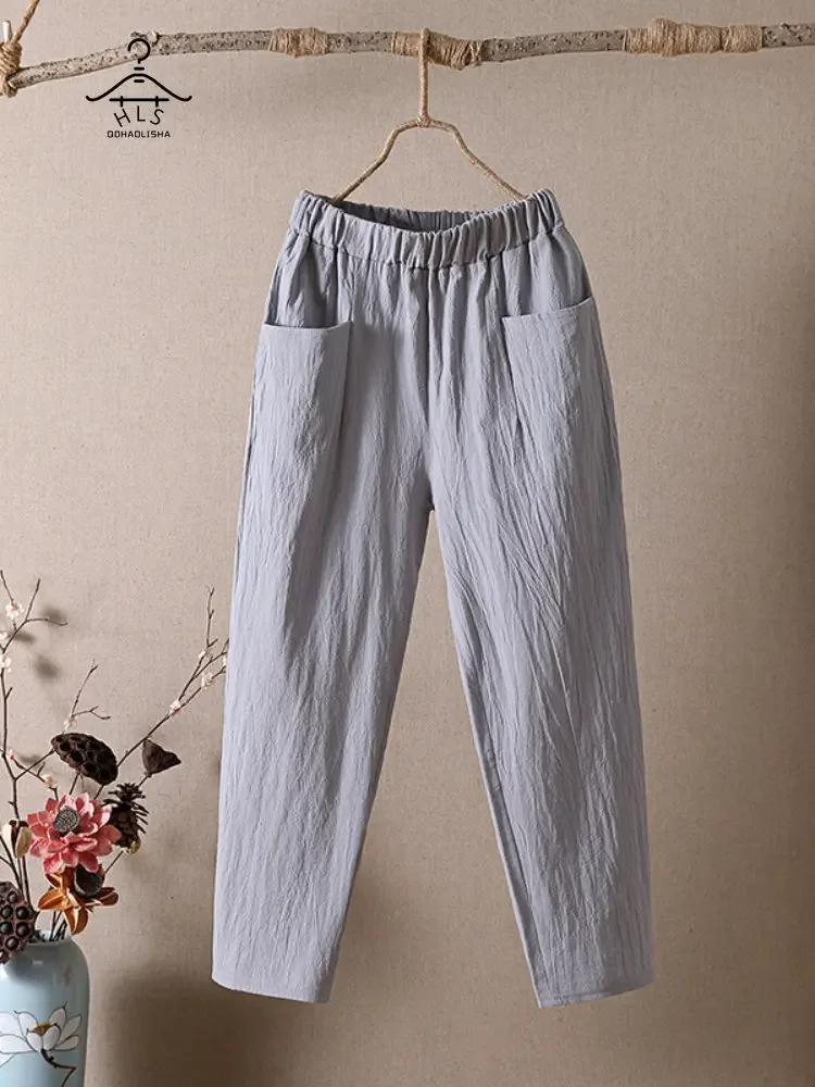 Calf-length Harun Pants Women\'s Summer Thin Cotton Elastic Waist Radish Trousers Casual Loose High Waist Cropped Women\'s Pants