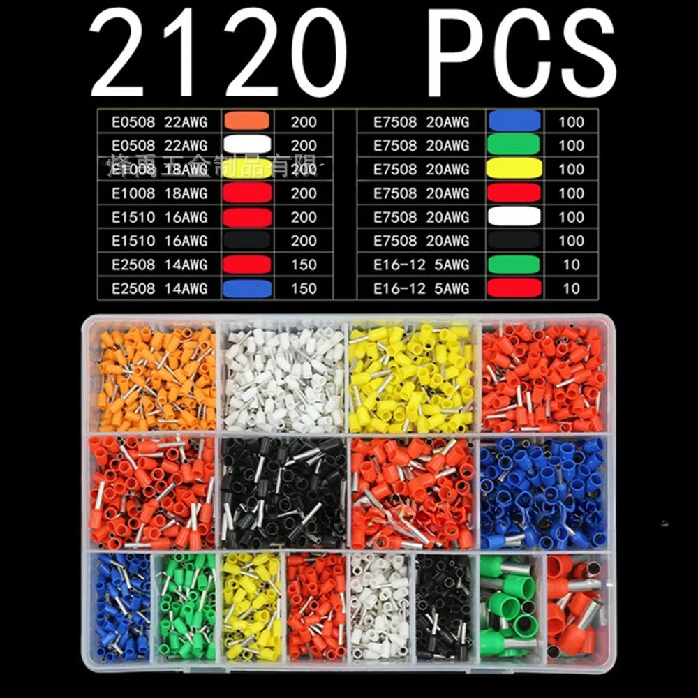 2120PCS VE‑Series Pre‑Insulated Wire Ferrules Kit, Tubular Copper Crimp Terminals Electrical Wire Connectors