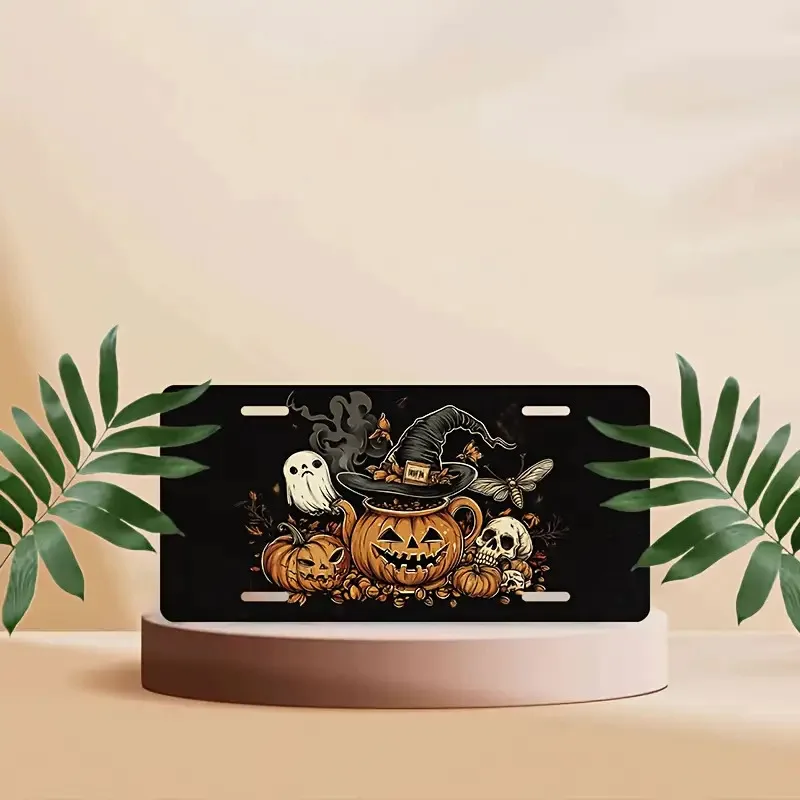 2D Flat, 2D Flat Car Plate, 2D Plane, 1pc, License Plate Cover with Halloween-Themed Frame,, Durable, 30.48cm x 15.24cm, Featuri