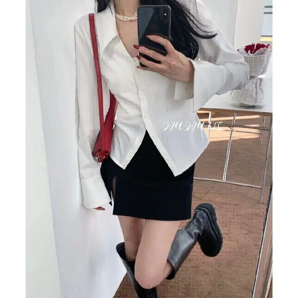 Spring Solid Color Slim Waist Women Shirt French Style V-Neck Flare Sleeve Slingle Breasted Simple Shirts