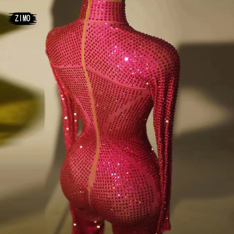 luxury Sparkly Full Rhinestones pink silver Jumpsuit sexy Celebrate Performance DS party birthday club Stage drag queen festival