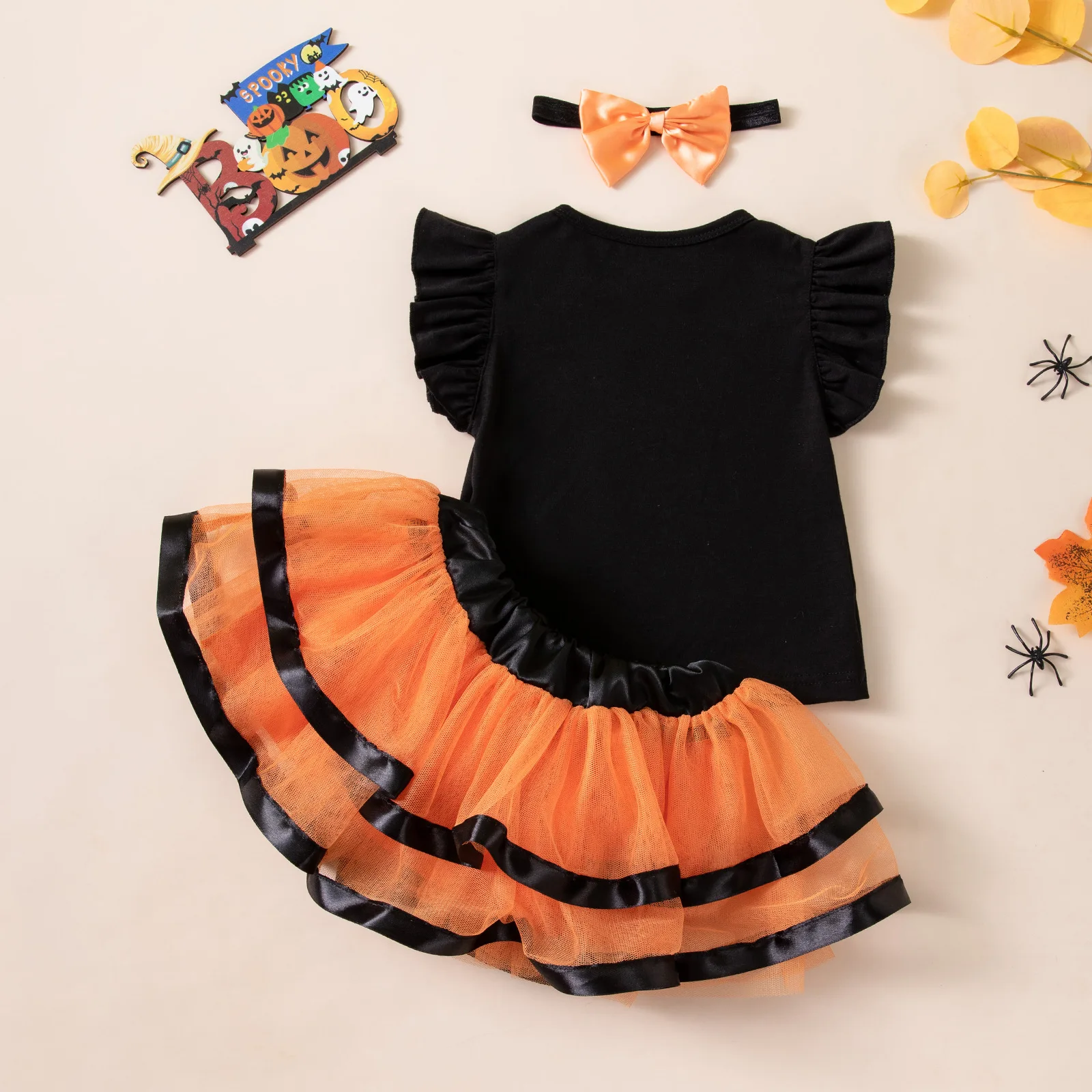 Halloween Children's Costume Small Fly Sleeve T-Shirt Skirt Three-Piece Set Ghost Print Holiday Party Costume