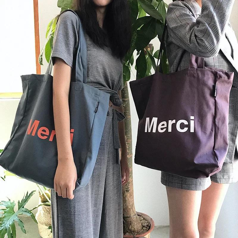 Merci Women Big Canvas Shoulder Bags French Print Eco Friendly Grocery Shopping Bag Cotton Cloth Handbag Casual Tote For Ladies