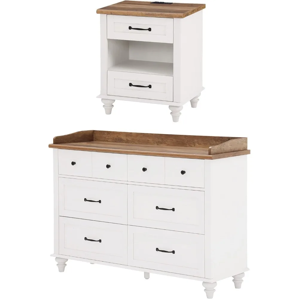 Juegos de mesa auxiliar, cómoda blanca con 6 cajones, moderna de mediados de siglo, mesitas de noche con estación de carga y patas de madera maciza,