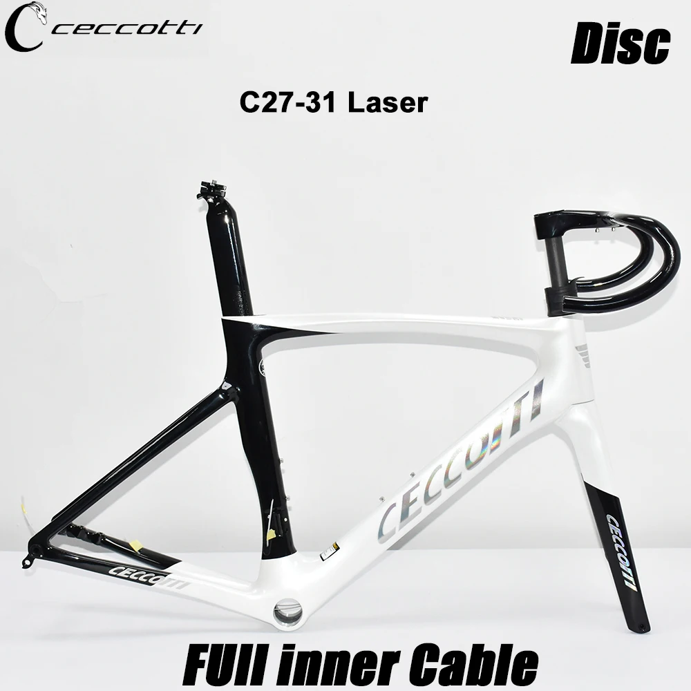 CECCOTTI Laser Logo Carbon Bicycle Frame with Handlebar T47BB Disc Brake Full Internal Cable Road Bike Frame Pearl White