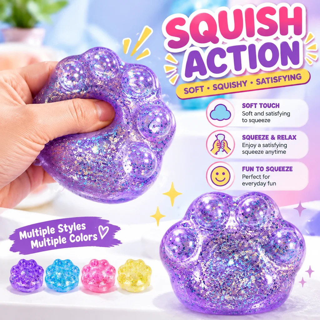 Squishy Maltose Cat Paw Stress Relief Fidget Toys Sequin Slow Rebound Squeeze Sensory Decompression Toys for Adults