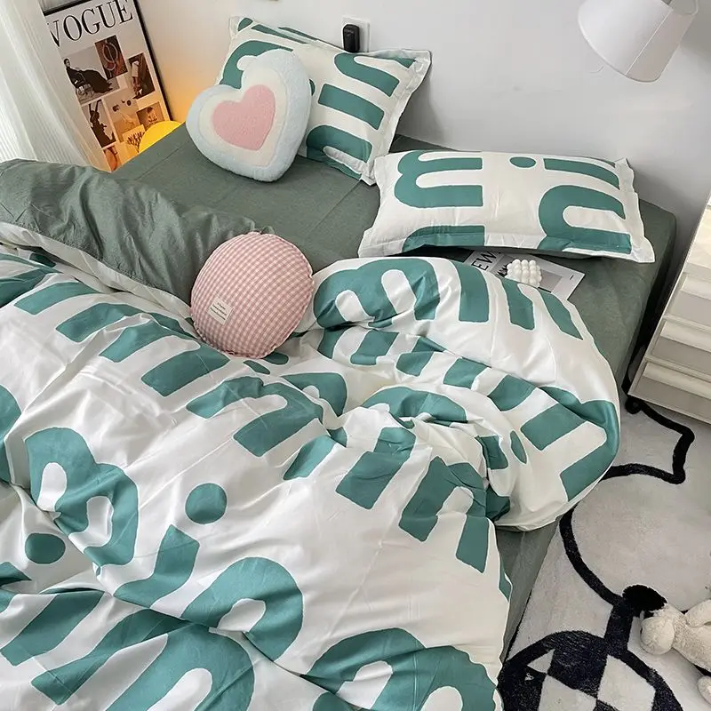 Korean Style Green Letter Bedding Set Twin Full Queen Size Bed Linen Girls Adult Bed Flat Sheet Pillowcase Kawaii Duvet Cover