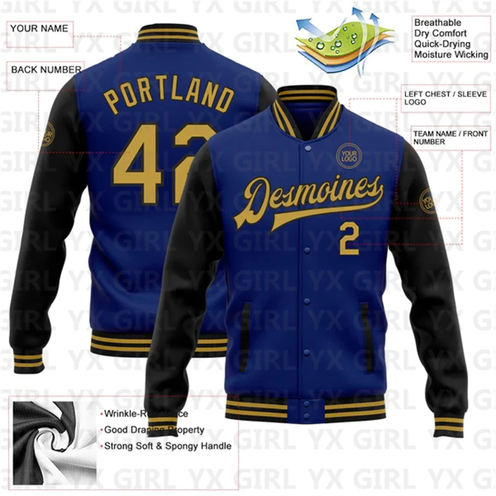 Custom Royal Old Gold-Black Bomber Full-Snap Varsity Letterman Two Tone Jacket 3D Baseball Button Jacket