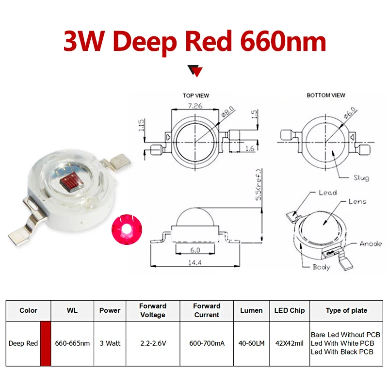 10個1ワット3 1wディープレッドの660nmハイパワーledビーズ電球エミッタ部分ダイオード植物成長diyライト