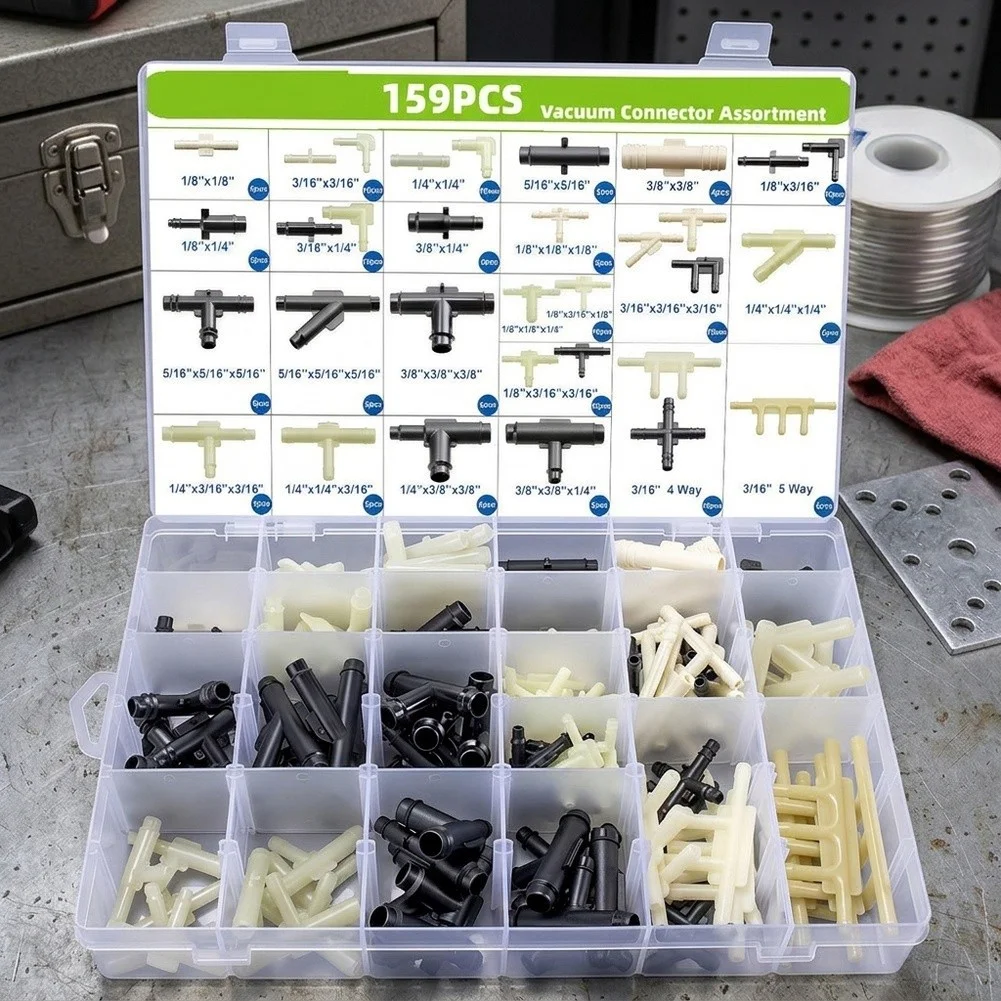 159PCS Automotive Vacuum Connector Set Nylon 32 Sizes Tee Reducer Straight Fittings for Engine Management Systems