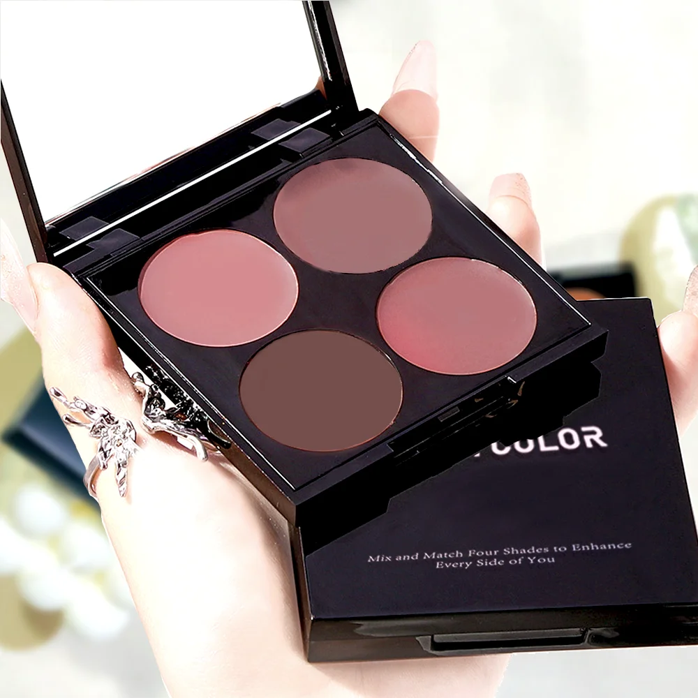 Paleta de rubor resistente al agua de 4 colores: aspecto de maquillaje 3D natural fácil de aplicar, mejora de la sombra para todos los tonos de piel, mate y brillante