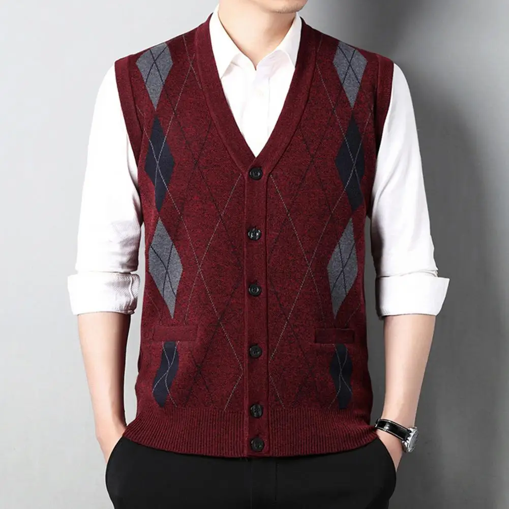 

Single-breasted Sweater Stylish Men's V-neck Sleeveless Cardigan Vest with Buttons Pockets Mid-aged Male Top for Autumn Winter