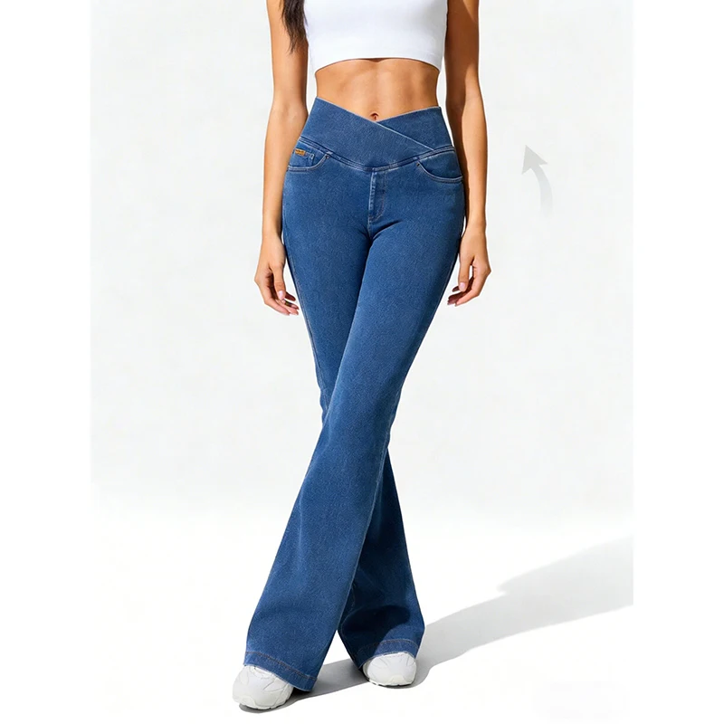 High Waist Crossover Flare Jeans for Women Stretchy Non-Denim Legging Pants V-Shaped Waist Butt Lift for Gym Casual Outfits