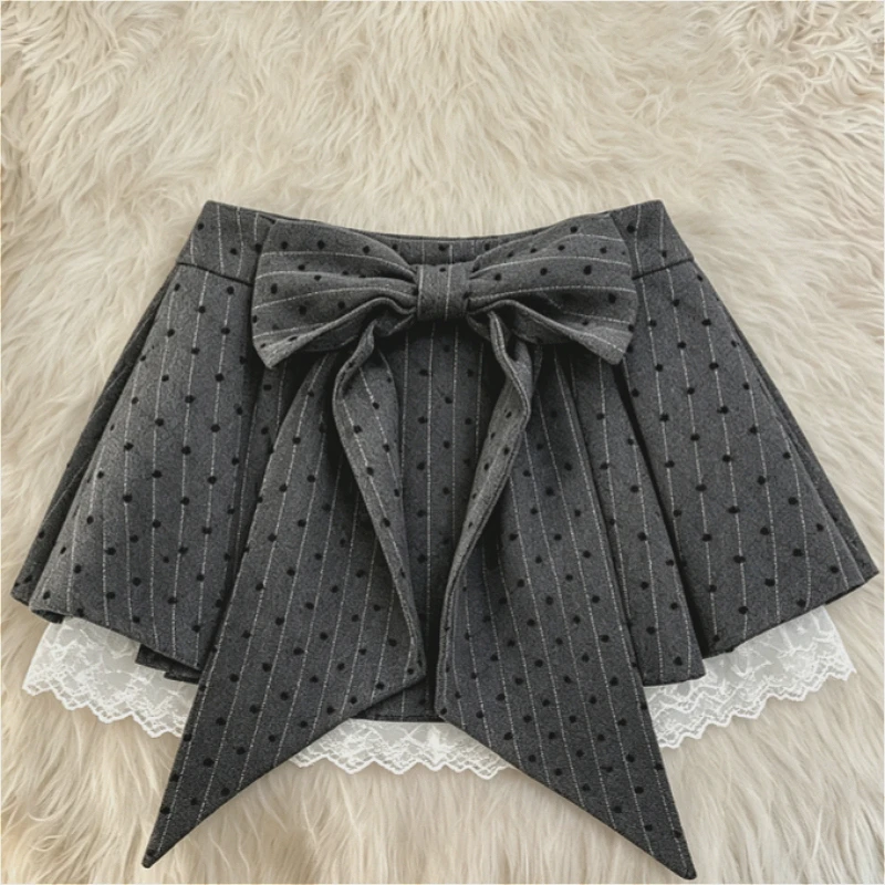 Women Y2k Lolita Pleated Mini Skirt 2026 Summer Lace Patch Bow Decor Striped Dot Print Cute Streetwear Trend Fashion Short Skirt