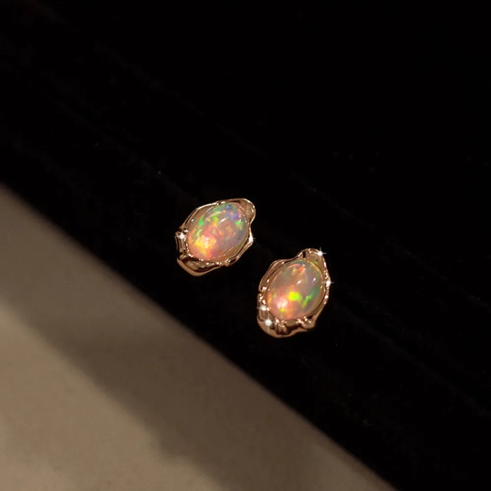 Vintage Temperament  925 Sterling Silver Iridescent Opal Elliptical Stud Earrings for Women Fashion Designer Jewelry Accessories