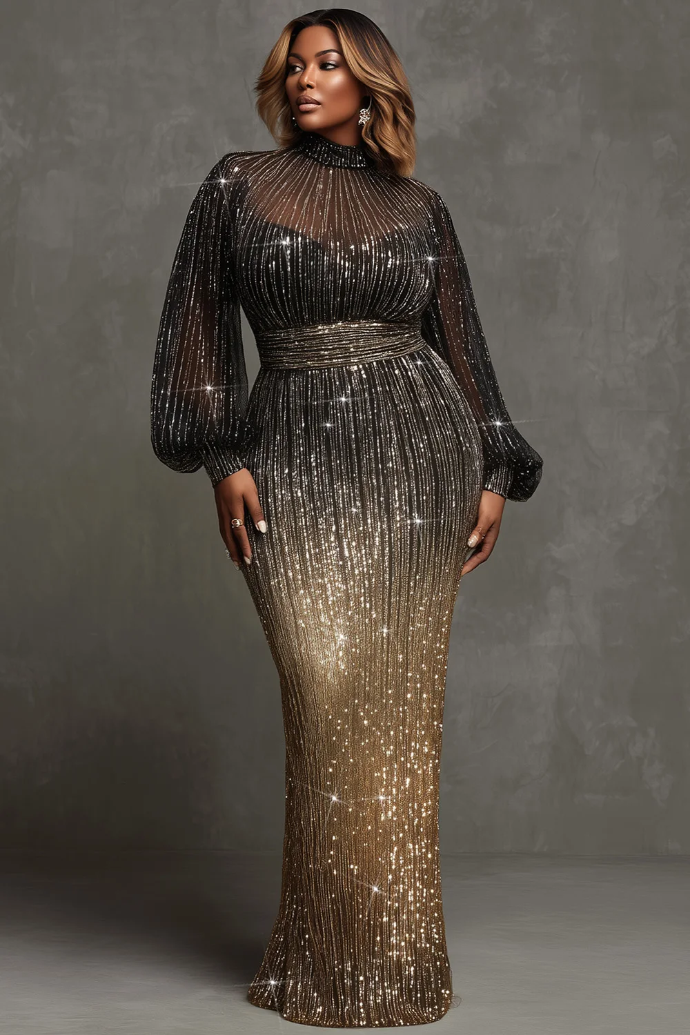 

Plus Size Formal Gold Gradient Mock Neck Lantern Sleeve Long Sleeve See Through Elegant Bodycon Tulle Maxi Dresses