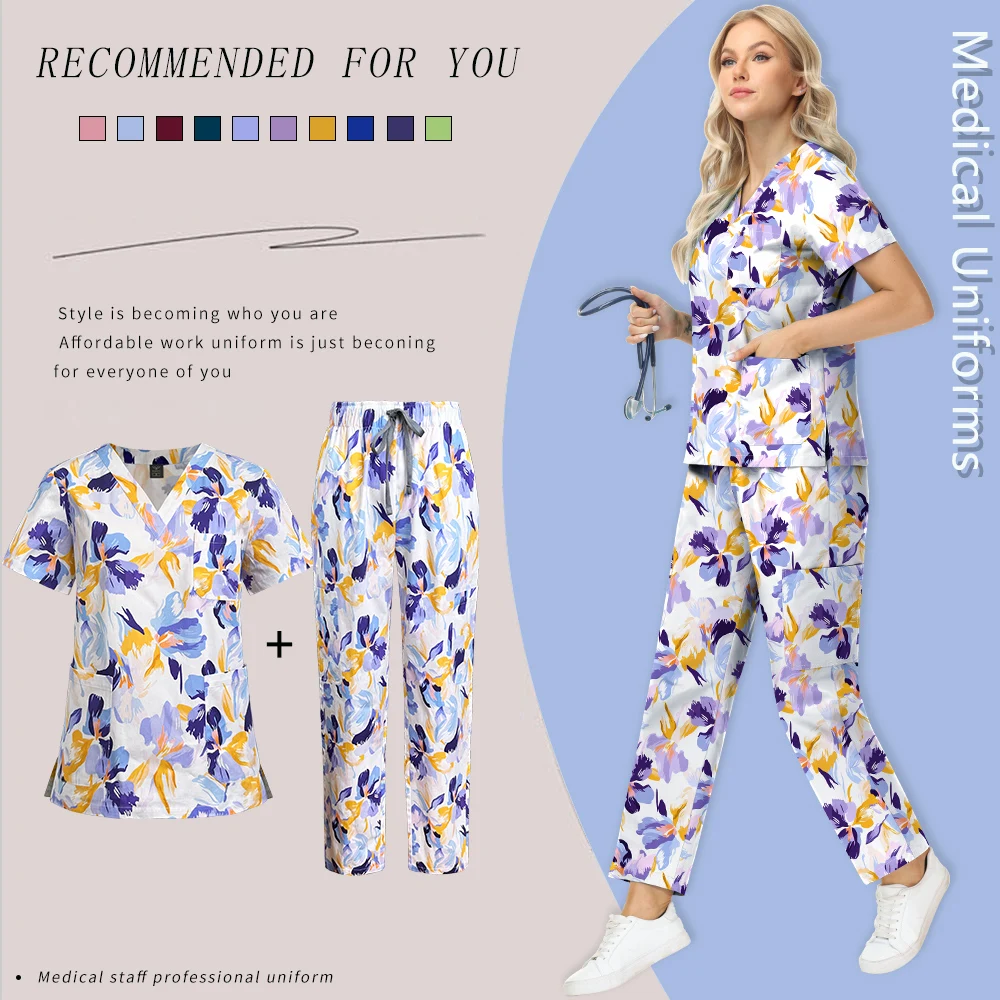 プリント手術服女性男性ポケットスクラブトップ + パンツ医療ナース制服美容サロン作業服小児科臨床スーツ