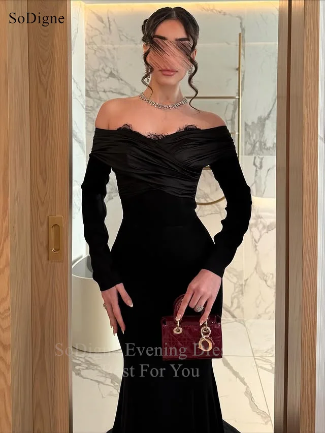 SoDigne Elegant Black Evening Dresses Lace Off The Shoulder Full Sleeves Party Dress Mermaid Formal Prom Gowns Customized