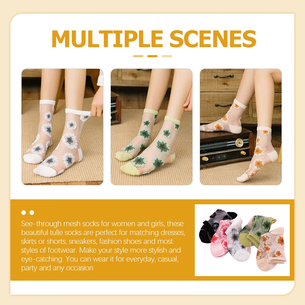 5 Pairs Transparent Socks Flower Lace Sheer Mesh for Women Stockings Nylon Ankle Women's