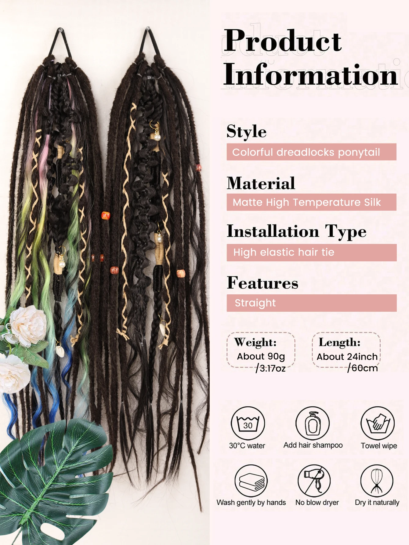 24Inch Dreadlock Ponytail Hair Extensions Synthetic Boho Locs Braiding Hair Elastic Rubber Band Stretchable Ponytail Hairpiece