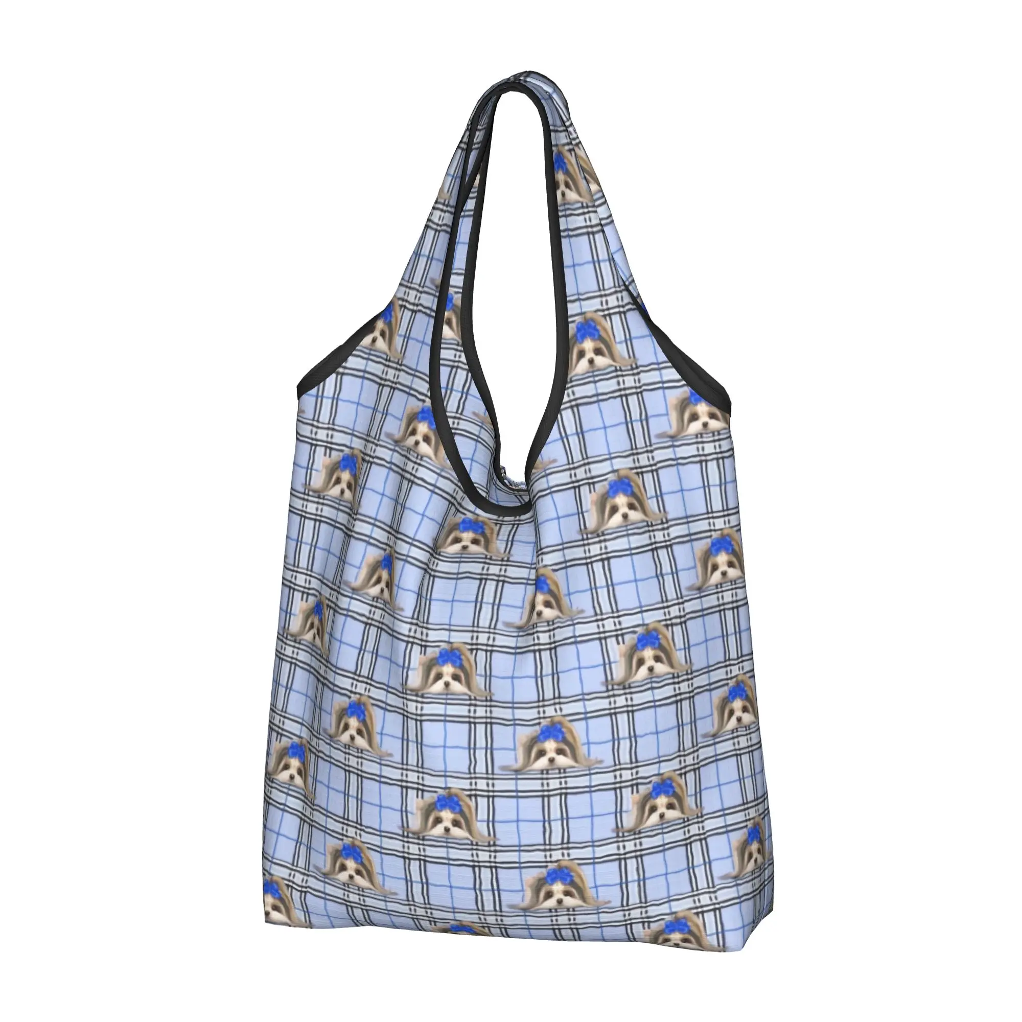 Kawaii Print Yorke Dog Yorkshire Terrier Yorkie Plaid Blue  Shopping Tote Bag Portable Shopper Shoulder  Handbag