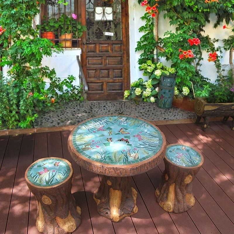 Outdoor, table and chair set, ceramic mosaic tree root casual coffee table three-piece set, table and chair, landscape decoratio