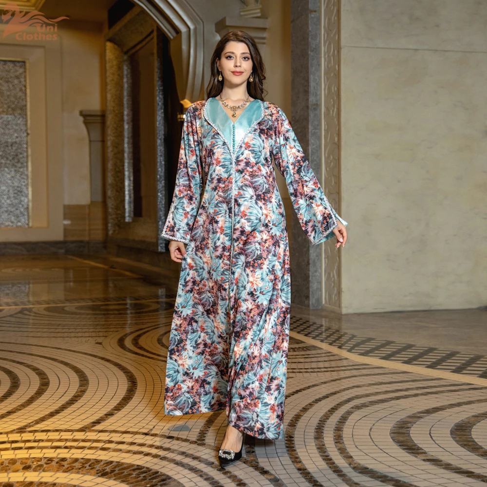 Jalabiya Dresses Women Abaya Muslim Diamond Print Party Dress Ethnic Long Robe Woman Kaftan Robe Eid Print Abayas Ramadan Autumn