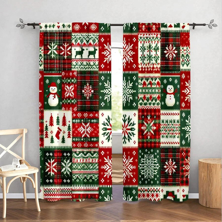 2PCS Patchwork Christmas Curtains, Red Green Knit Pattern Snowman Reindeer Snowflake, Rustic Holiday Window Drapes for Bedroom