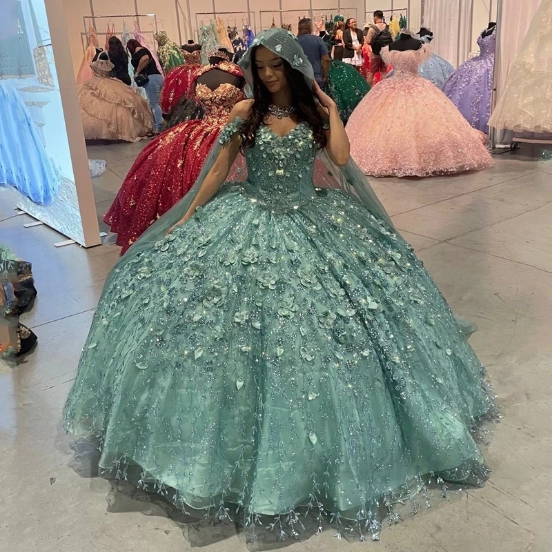 Angelsbridep-vestidos de quinceañera para niñas de 15 años, vestido de baile en 3D con flores, capa verde brillante, vestidos de fiesta de cumpleaños, 2023