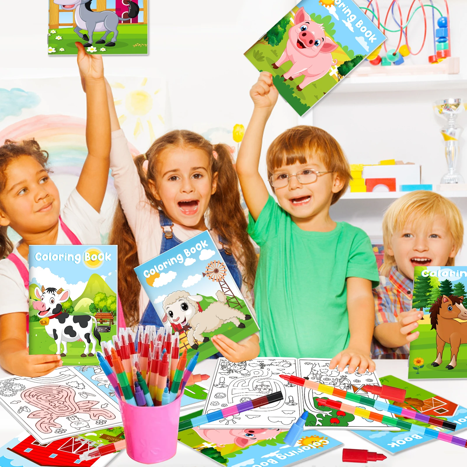 24 個のファームぬりえブック 子供用 24 スタッキングクレヨン付き ミニぬりえブック パーティー記念品 バルクギフト 牛 馬 納屋 S A