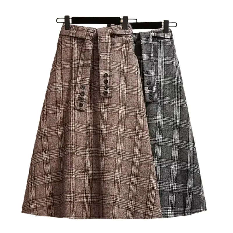 

Plaid Striped Vintage A-line High Waist Buttons Lace Up Loose Women's Skirt Mid-Calf Long Skirts For Women Clothing Fashion 2024