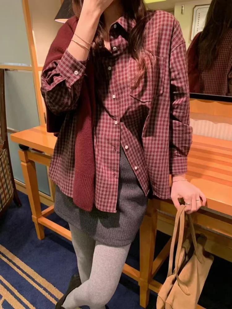 

Корейская свободная рубашка в клетку с длинными рукавами, женская базовая рубашка, новинка весенней коллекции, универсальная повседневная рубашка на одной пуговице