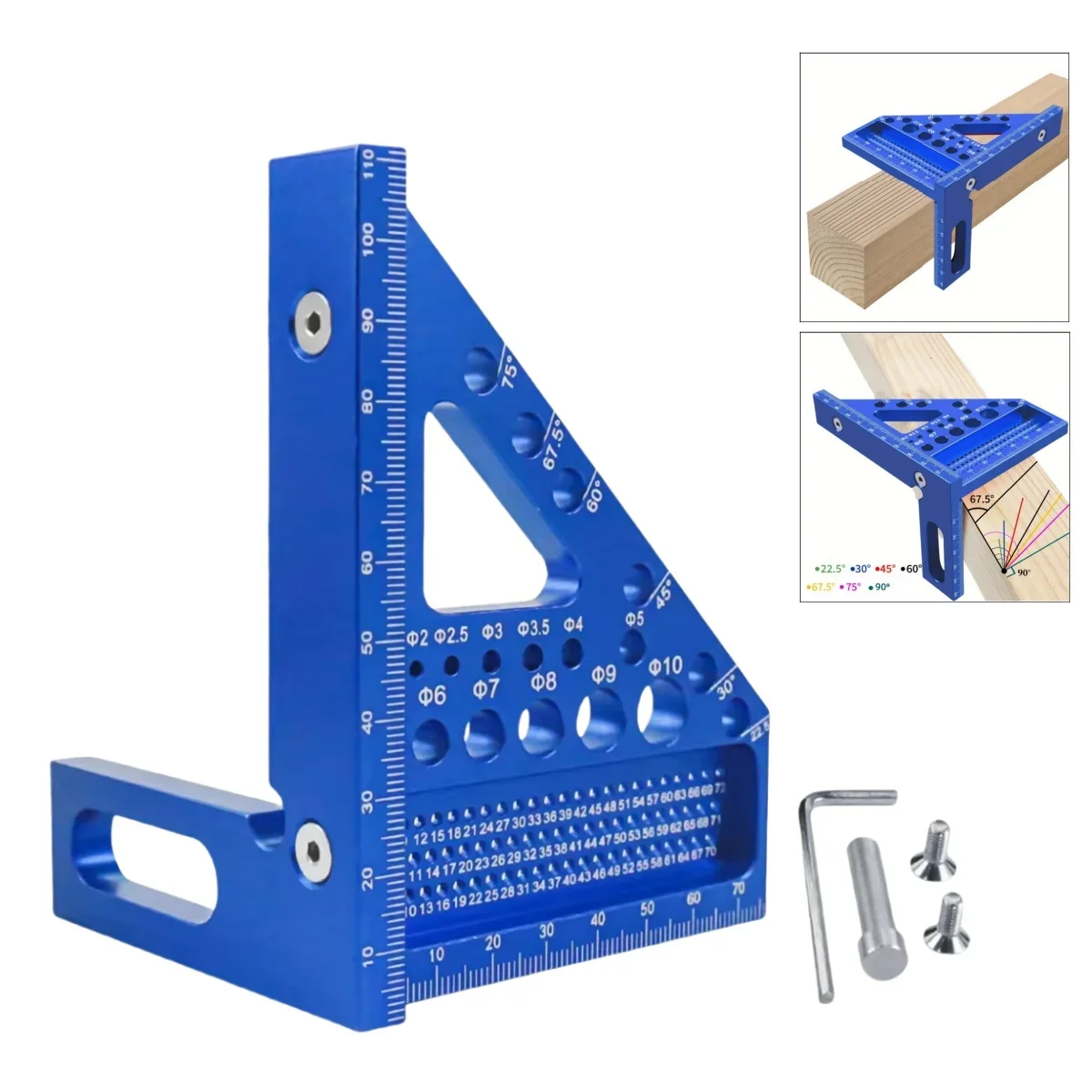 Woodworking Square Protractor, Woodworking Square with Dowel Pins,Aluminum Alloy Miter Triangular Ruler,Angler Scriber
