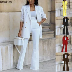 2024 Women's Two Pieces Pants Sets Solid Double Breasted Blazer Suits and Straight Flare Pants Suit 2 Piece Set Outfits Female