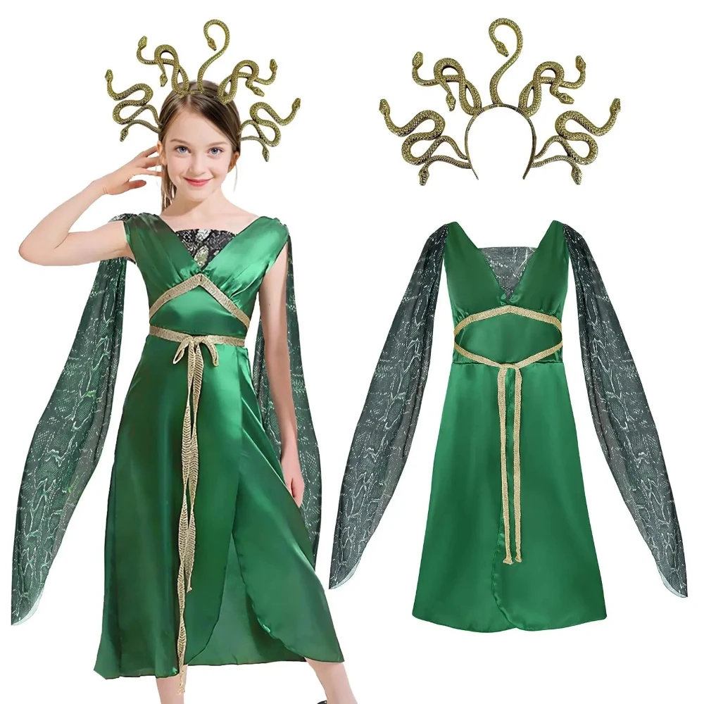 Robe verte de déesse Medusa pour femmes, Costume de Cosplay, couvre-chef, jupes, vêtements de fête de danse, costumes de carnaval d'halloween