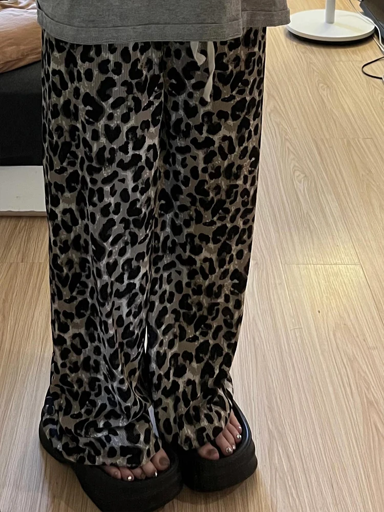 Eis Seide Casual Hosen frauen Sommer Dünne Gerade Lose Gehen Breite Bein Hosen Hohe Taille Pendeln Sle Leopard Muster