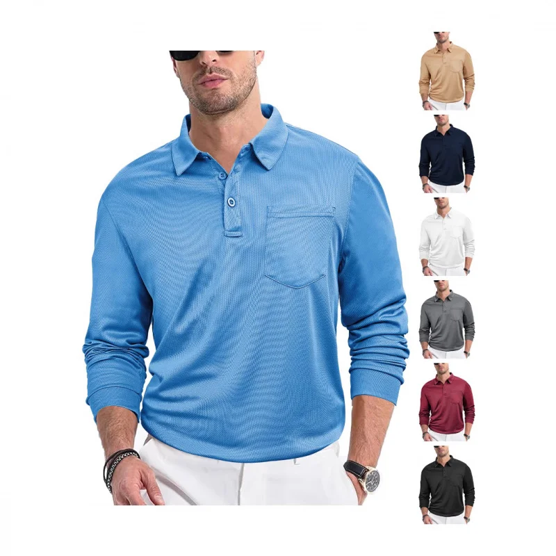 

Men's Casual Loose Button Placket Solid Color Long Sleeve Mesh Fabric Turn-down Collar Men'sPoloShirt