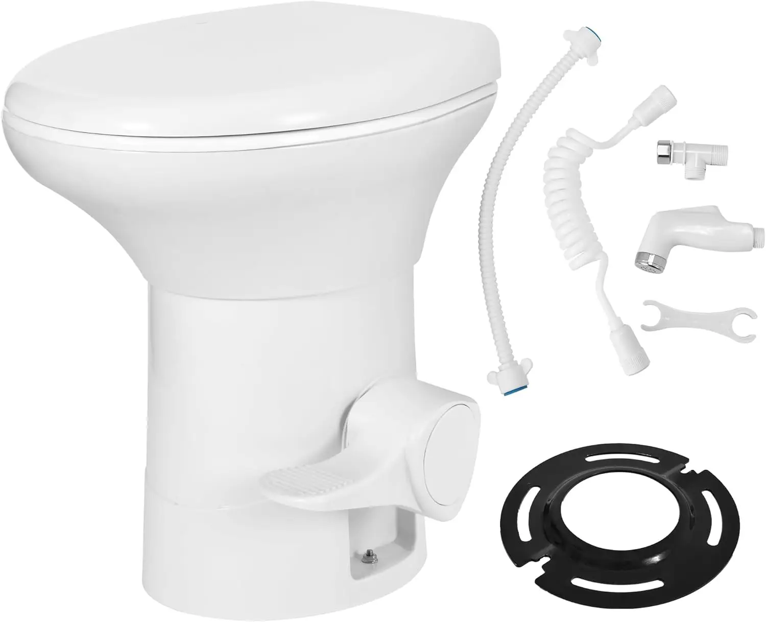 

Туалет для автодомов с эмалированной чашей, пластиковым корпусом, педальным смывом, гравитационным смывом, высокий профиль, с ручным распылителем